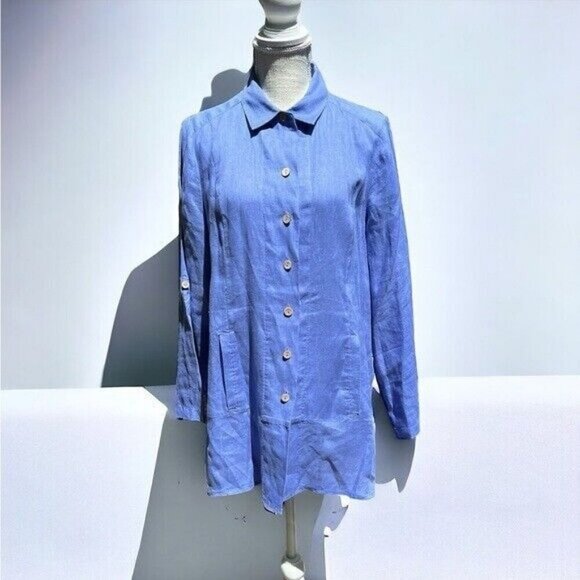 🌻Soft Surroundings Blue Linen Lagenlook Minimalist Tabbed Sleeve Tunic Medium - Picture 1 of 12